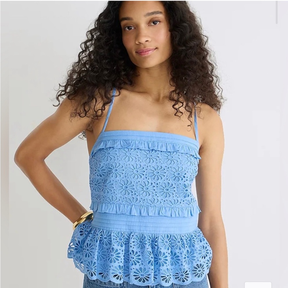 J. crew Peplum blue Adjustable Spaghetti Strap Blouse with daisy eyelits - large
